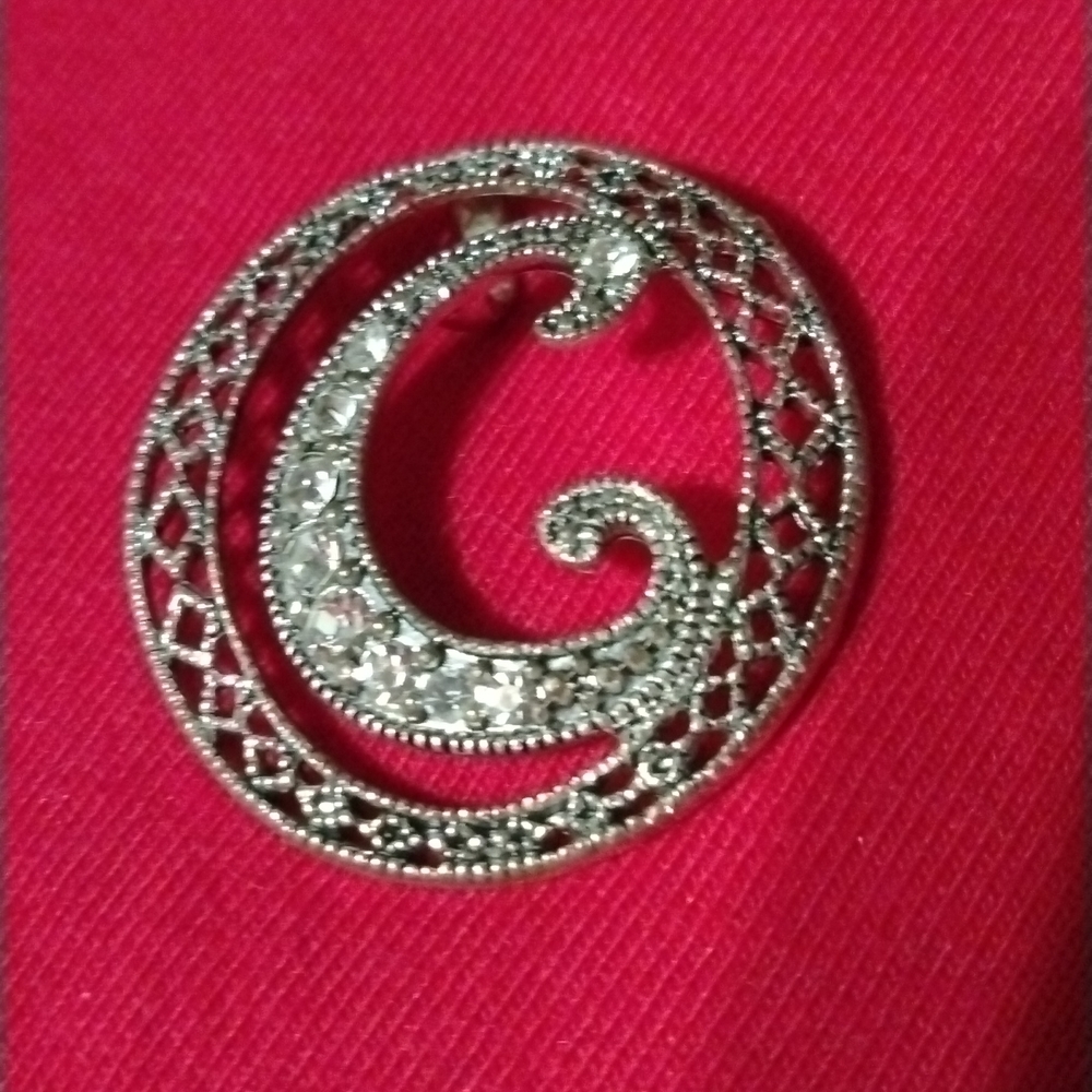 Vintage C monogram necklace charm silver tone with rhinestones (sku 954)